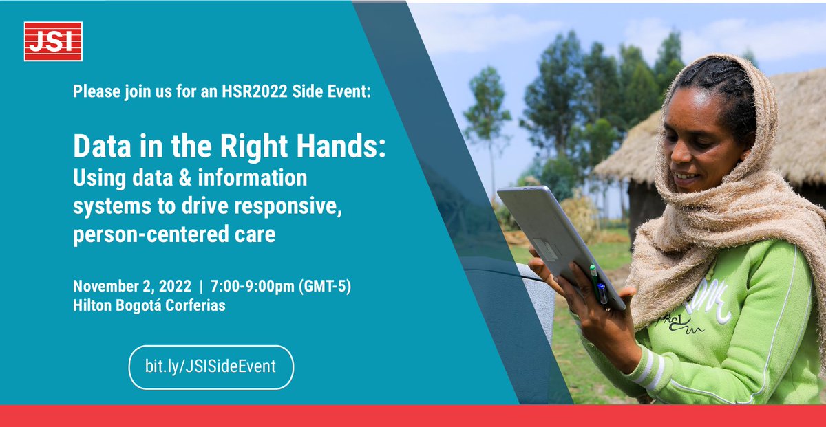 Attending #HSR2022? Join us for our side event- Data in the Right Hands! JSI President & CEO Margaret Crotty will moderate a panel featuring panelists from @gatesfoundation, @FMoHealth, Building Healthy Cities project, & @USAID. Register: jsidataevent.weebly.com