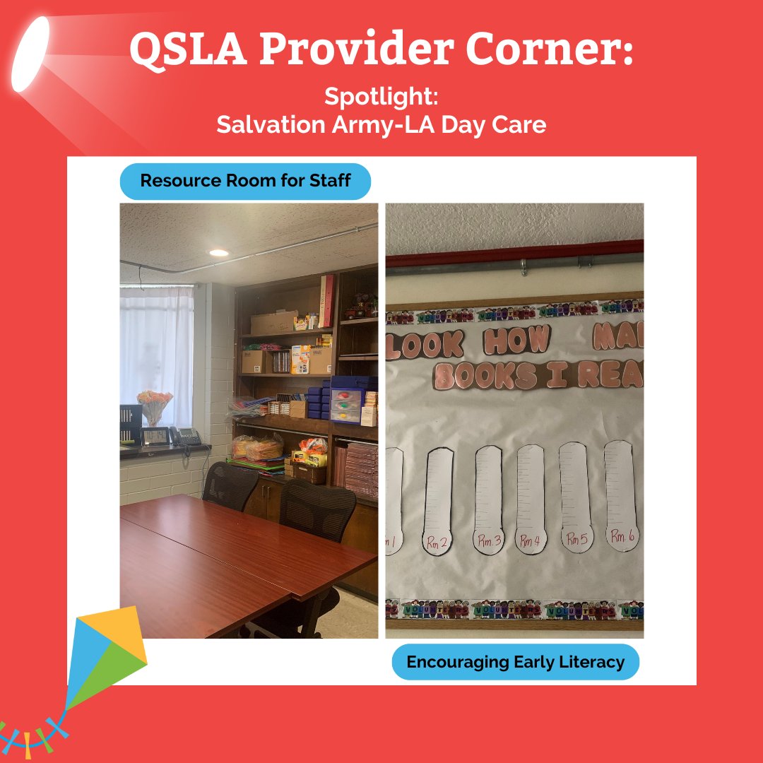 QualityStartLA's tweet photo. #QualityStartLA providers are exceptional🤩! This month's #ProviderCorner spotlight is the @salvationarmy's LA Day Care.  LA Day Care created a resource room for staff to access materials for their classrooms easily &amp; encourages early literacy w/ a monthly reading program📚✂️! https://t.co/pld1317GTm