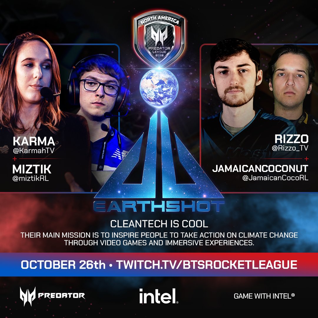 BTSRocketLeague's tweet photo. We have our two teams CONFIRMED playing for @Earthshot_us in the #PredatorLeague Charity Invitational 👏

Earthshot inspires people daily to take climate action 🌎❤️

Learn more: https://t.co/piL526nOVk 
#12thGen #GameWithIntel @IntelGaming https://t.co/gawIo91AWD