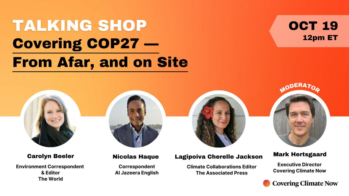 📢 Wednesday, 10/19, at 12pm ET, @carolynbeeler, @nicolashaque, @lagipoiva will discuss how to report on #COP27 in ways that resonate with audiences while connecting the dots between science, diplomacy & human impacts. Join us: us02web.zoom.us/webinar/regist…