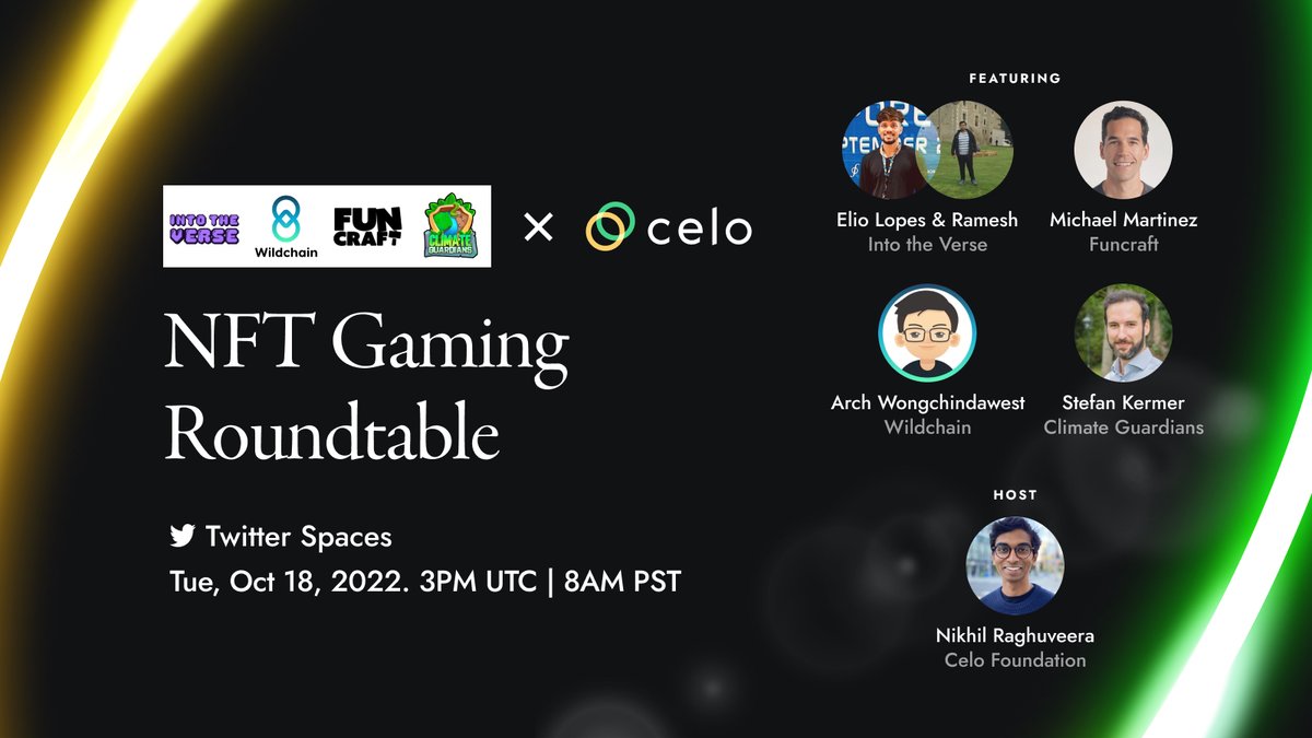 Celo's tweet photo. How does blockchain technology bring web3 gaming to life? 🎮 

Join @wildchainio, @IntoTheVerse_, Fun Craft, and @ClimateGuards with @pumpernikhil to learn more about Celo support for web3 gaming.

Set a reminder. ⤵️ 
https://t.co/VN0HfiKalb https://t.co/RqSaUfNNx6