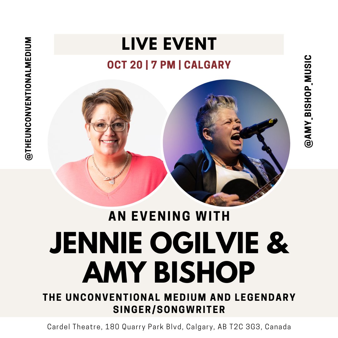 JennSpiritTalk's tweet photo. Oct 20 | 7:00 p.m. | Calgary - Cardel Theatre

A LIVE EVENING WITH:

🚨 Jennie Ogilvie - The Unconventional Medium

🚨 Amy Bishop - Legendary Singer/Songwriter https://t.co/0nKN0VBooo