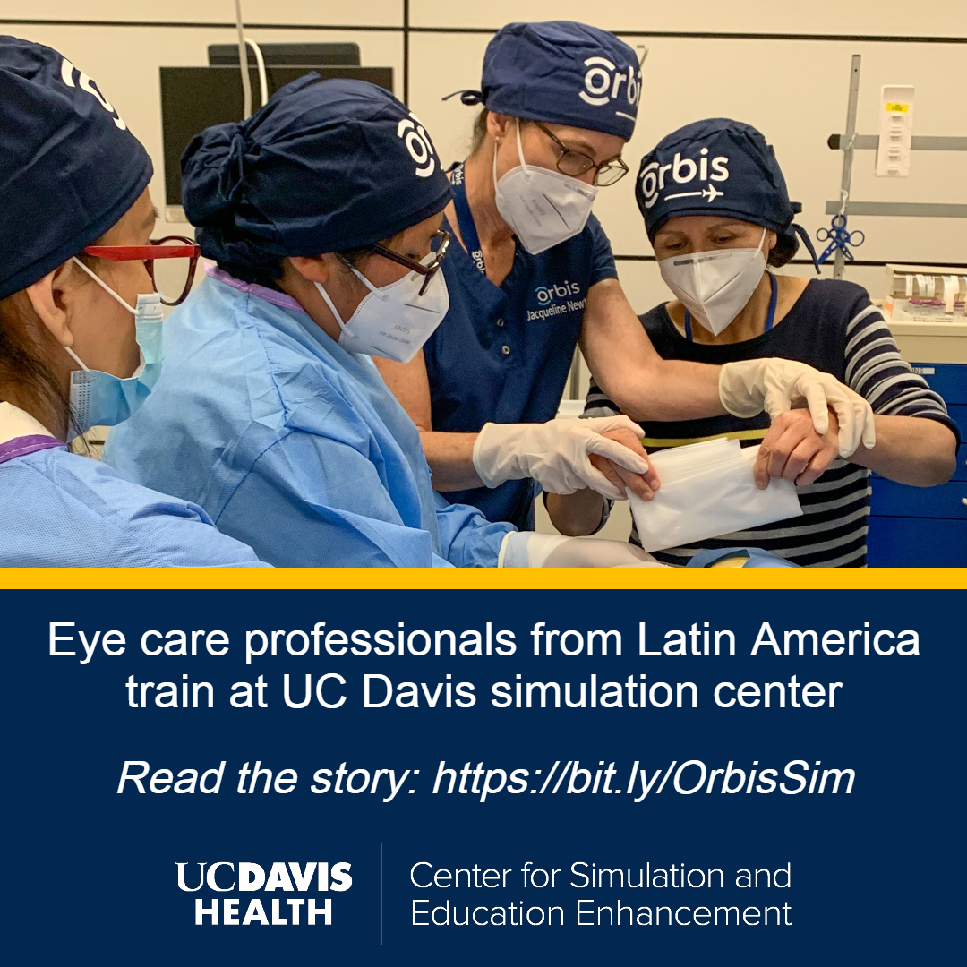 UCDavisSim's tweet photo. Health care professionals from Bolivia, Chile and Peru are spending two weeks at the #simulation center as part of a special training project conducted in partnership with global eye care nonprofit @OrbisIntl. Read the story: https://t.co/2Zekmp4RPX #MedEd #simtribe #medsim https://t.co/h1HSGzjaWf