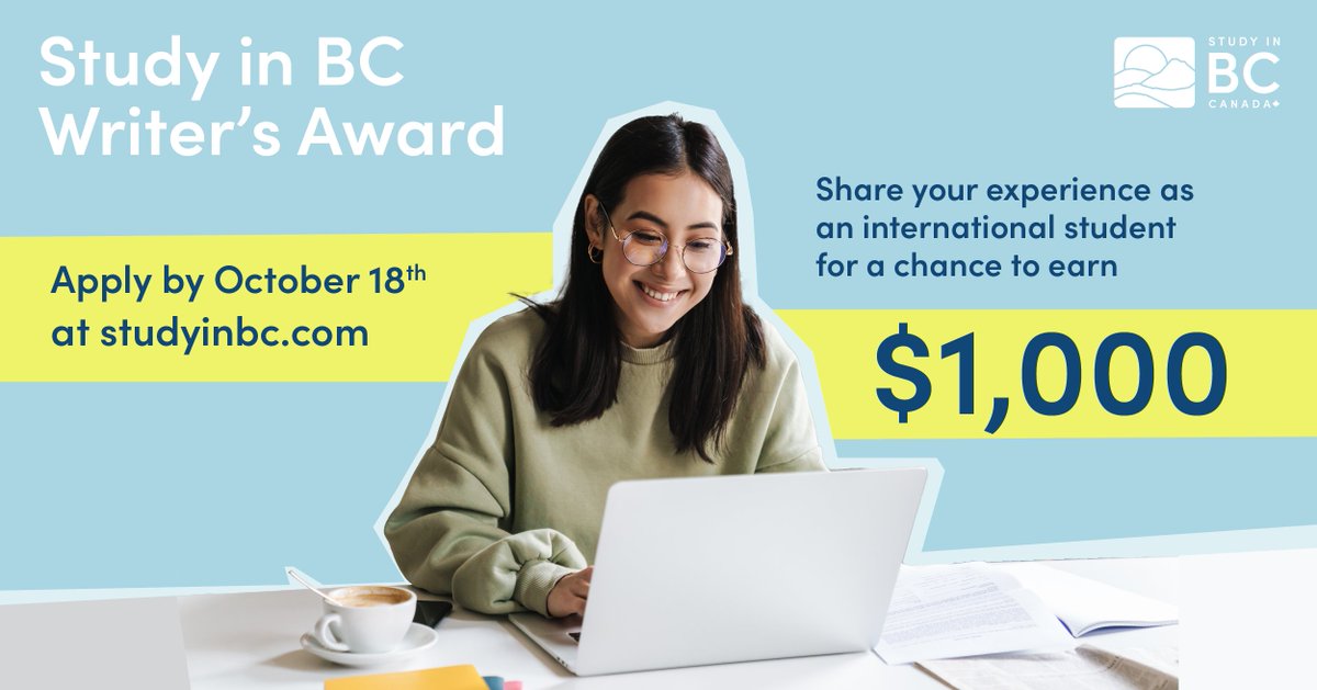 StudyinBC's tweet image. Tomorrow is the LAST day to apply for the Study in BC Writer’s Award for a chance at $1,000 in tuition! Share your journey &amp;amp; help us celebrate the international student experience in BC. Application deadline is at midnight. Good luck! ow.ly/FwgO50Kz5Cs