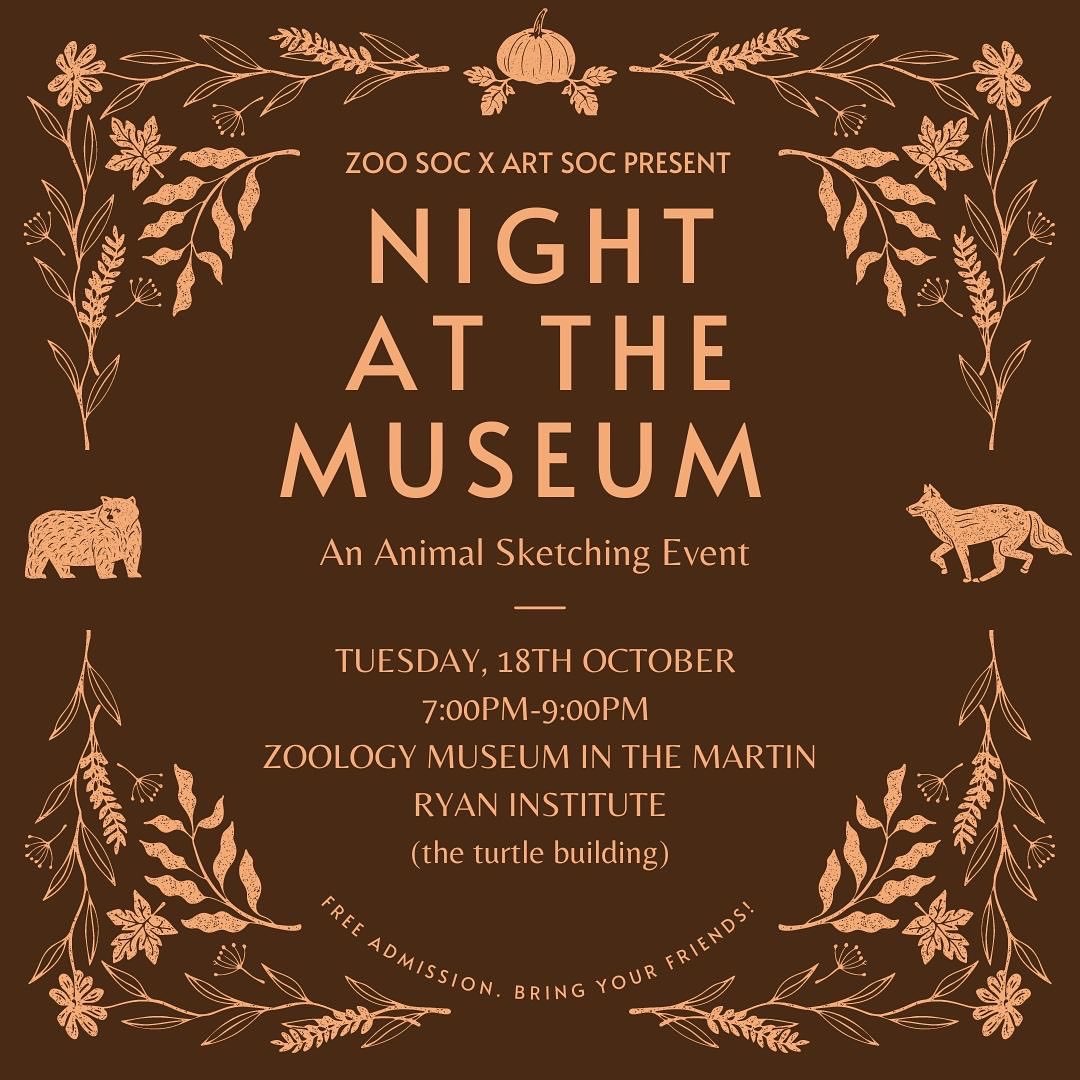 ArtSocUG's tweet photo. We are collabing with Zoo Soc! 🦒

We are hosting an animal drawing event in the Zoology Museum in the Martin Ryan Institute (the big building with the turtle 🐢) from 7pm-9pm on Tuesday the 18th October 

Art supplies provided but bring your own if you wish! 🎨 See you all there https://t.co/a3VUpTLqMt