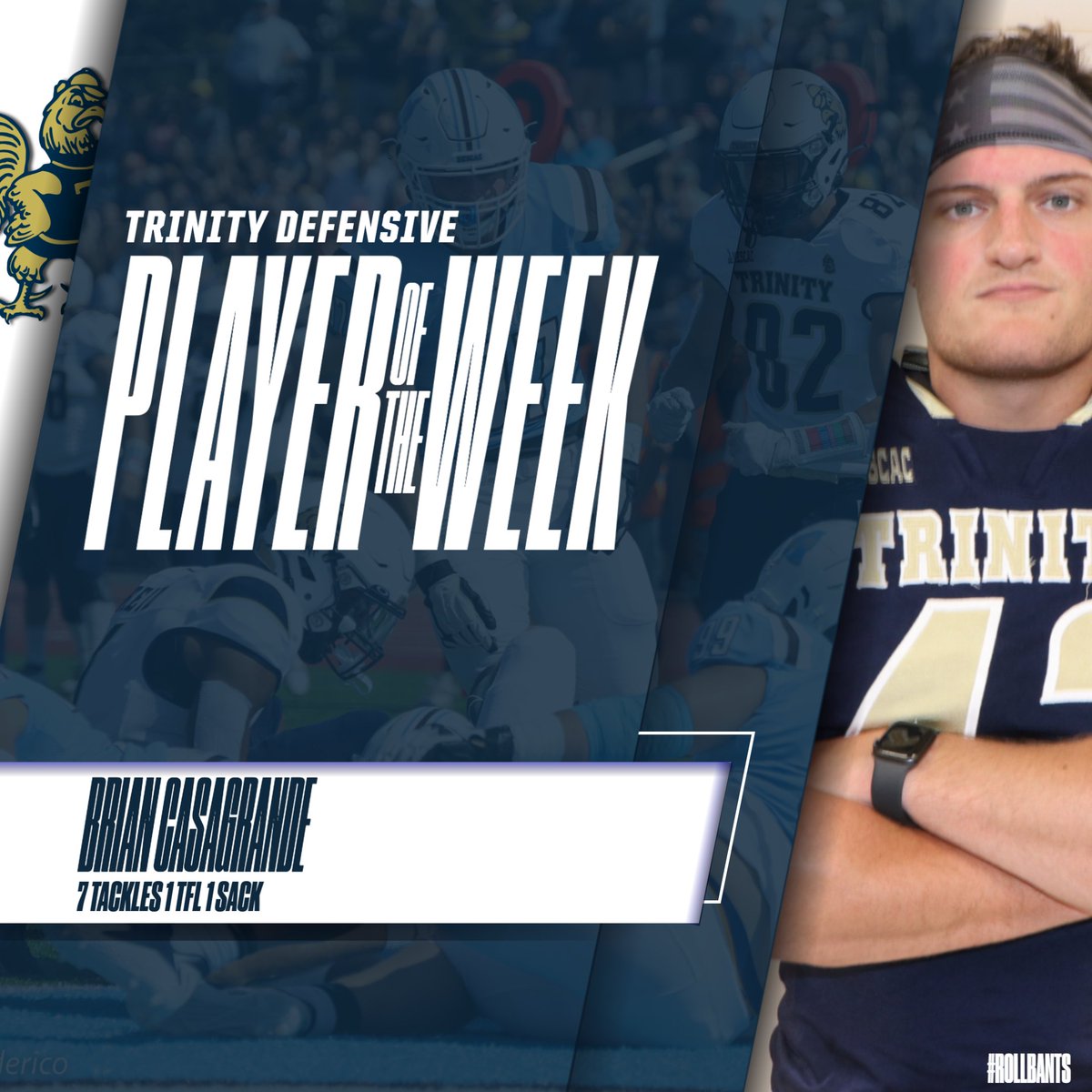 TrinCollFB's tweet photo. Players of the Week | Middlebury

Brian Casagrande (Daniel Hand, CT)
Spencer Fetter (Trinity Prep, FL)
Hampton Trout (Belmont, MA)
Amari Phillips (Hamden Hall, CT)
Brendan Baker (North Quincy, MA)

#trincoll #rollbants https://t.co/Qy5w3CpQXL