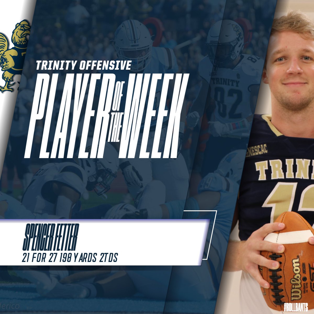 TrinCollFB's tweet photo. Players of the Week | Middlebury

Brian Casagrande (Daniel Hand, CT)
Spencer Fetter (Trinity Prep, FL)
Hampton Trout (Belmont, MA)
Amari Phillips (Hamden Hall, CT)
Brendan Baker (North Quincy, MA)

#trincoll #rollbants https://t.co/Qy5w3CpQXL