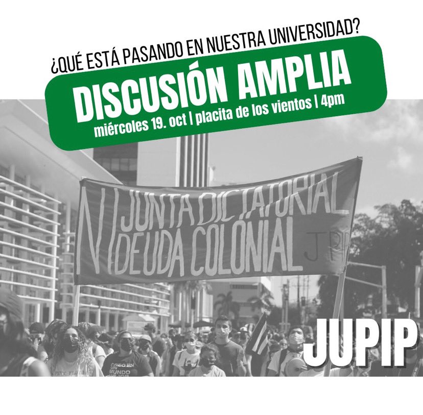 JUPIPRP's tweet photo. Únete este miércoles a la discusión amplia sobre las condiciones actuales en la UPR. 
📍¡Nos vemos en la Plaza de los Vientos a las 4pm!📍 https://t.co/uSQNG5OB62