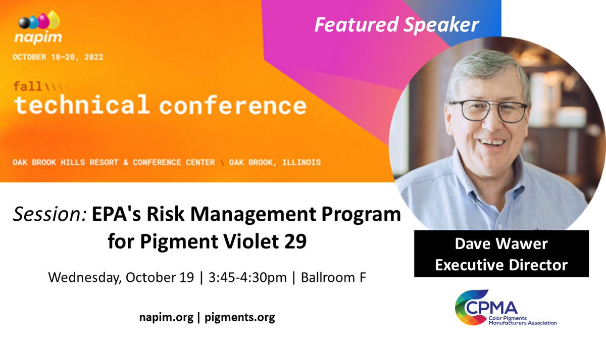 cpma_pigments's tweet photo. Heading to the #Chicagoland area this week for NAPIM's Technical Conference? Don't miss CPMA's Dave Wawer give expert insight into EPA's Risk Management Program for #PV29, Wednesday at 3:45pm CT!
View the agenda + register: https://t.co/Ccfe61B9JG
#ConnectwithColor #Pigments https://t.co/ejtQA9TTF0