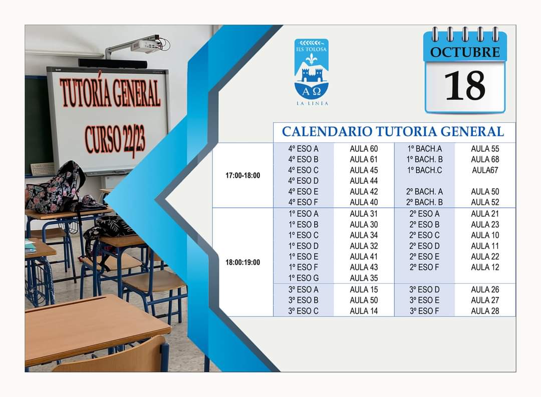 En la tarde de mañana martes, 18 de octubre, tendrán lugar las Tutorías Generales de este curso. Adjuntamos el calendario para cada uno de los grupos. Se hará en dos horarios distintos y cada grupo se reunirá en su aula con el tutor o tutora.