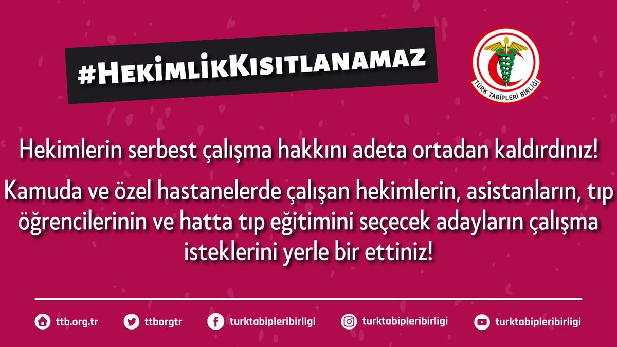 Hekimlerin serbest çalışma hakkını adeta ortadan kaldırdınız!

Kamuda ve özel hastanelerde çalışan hekimlerin, asistanların, tıp öğrencilerinin ve hatta tıp eğitimini seçecek adayların çalışma isteklerini yerle bir ettiniz!

📢 #HekimlikKısıtlanamaz