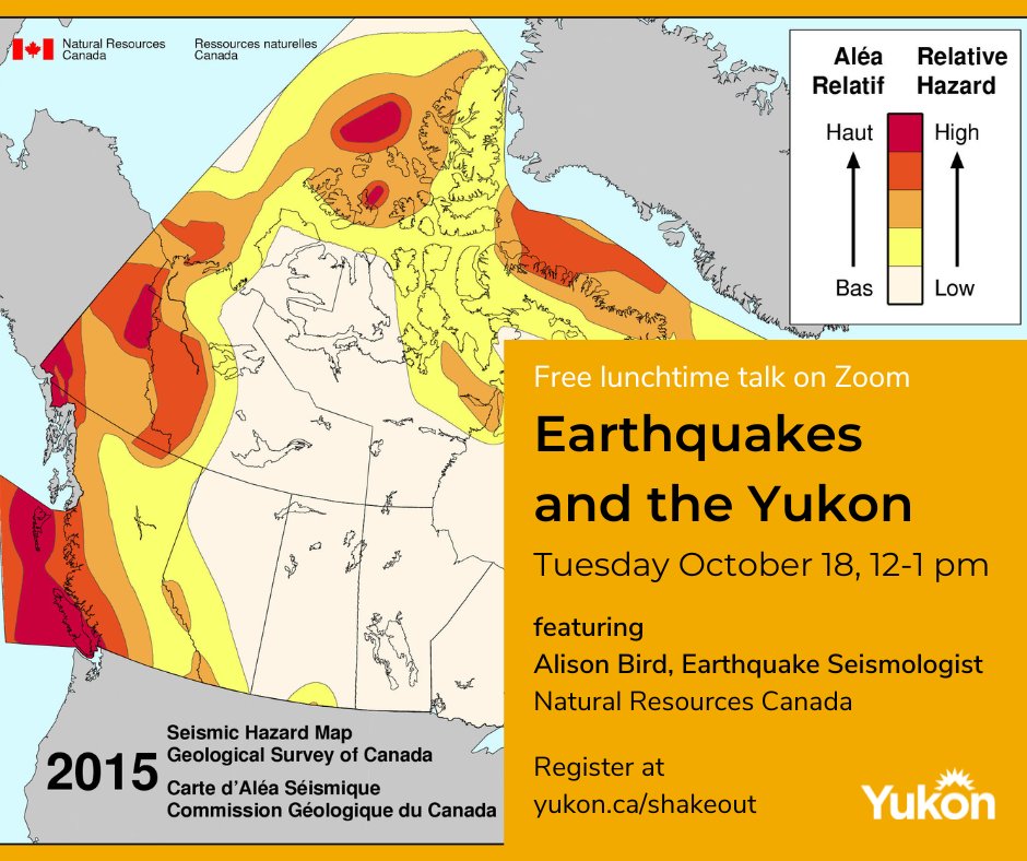 Learn about earthquakes and the #Yukon at Tuesday’s lunchtime Zoom talk with earthquake scientist @AlisonLBird. 
Visit yukon.ca/shakeout to pre-register for the talk, and to see a full list of activities leading up to #ShakeOut on Thursday at 10:20 am.