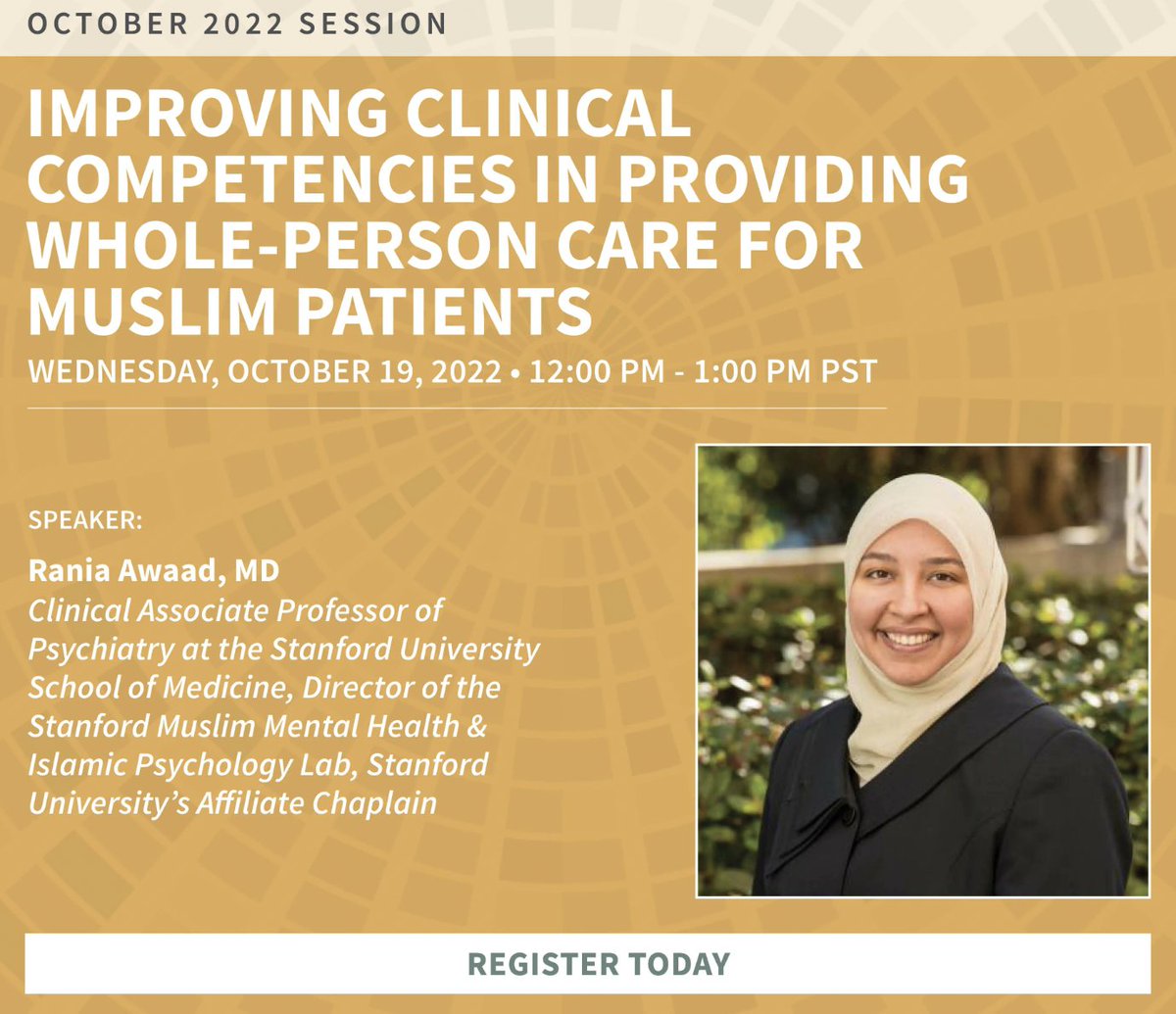 DrRaniaAwaad's tweet image. So excited to deliver @Stanford's #HealthEquity lecture on whole-person care for Muslim patients THIS Wednesday! Even more excited @StanfordCME is offering *free CME* for this training (1 AMA credit)!

Wednesday 10/19 
12:00pm - 1:00pm PST 
Register bit.ly/3TaukHx