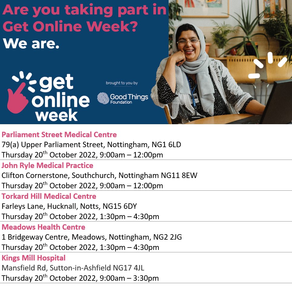 Get Nottinghamshire Connected (@getnottsconnect) on Twitter photo Didn't get chance to join us at one of our @GetOnlineWeek support hubs today?! Don't worry, here's our sessions for tomorrow.
Come and get help to register with the #NHSApp, plus find out how to sign into <a href="/patientsco/">Patients Know Best</a> to better manage your healthcare. We'll see you there! Didn't get chance to join us at one of our @GetOnlineWeek support hubs today?! Don't worry, here's our sessions for tomorrow.
Come and get help to register with the #NHSApp, plus find out how to sign into <a href="/patientsco/">Patients Know Best</a> to better manage your healthcare. We'll see you there!