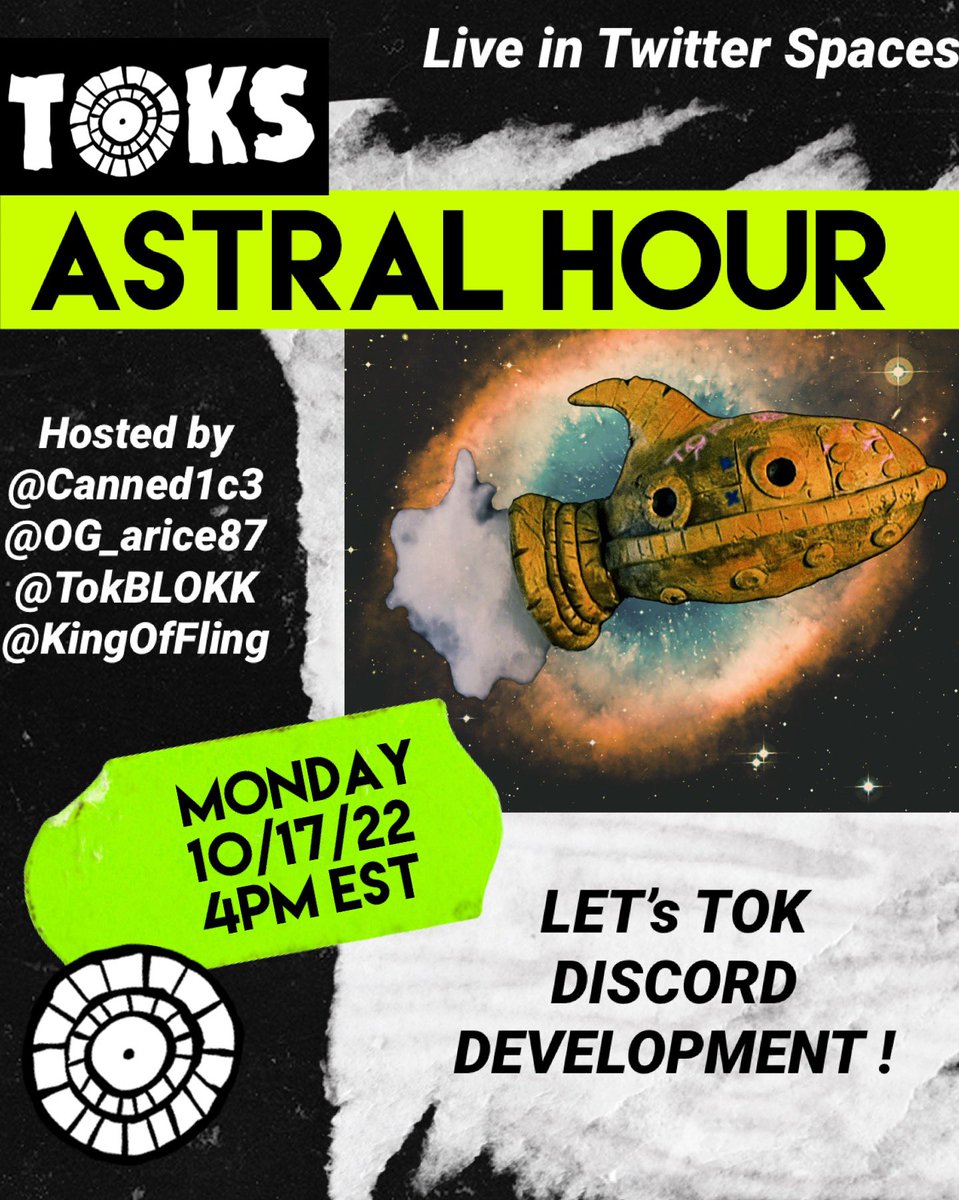 #TOKS Astral Hour will be going live today at 4 Pm EST. Join us as we #TOK about developing #discordservers with <a href="/KingOfFling/">(deceased)</a>! Set those reminders 👽👉: x.com/i/spaces/1BdGY…