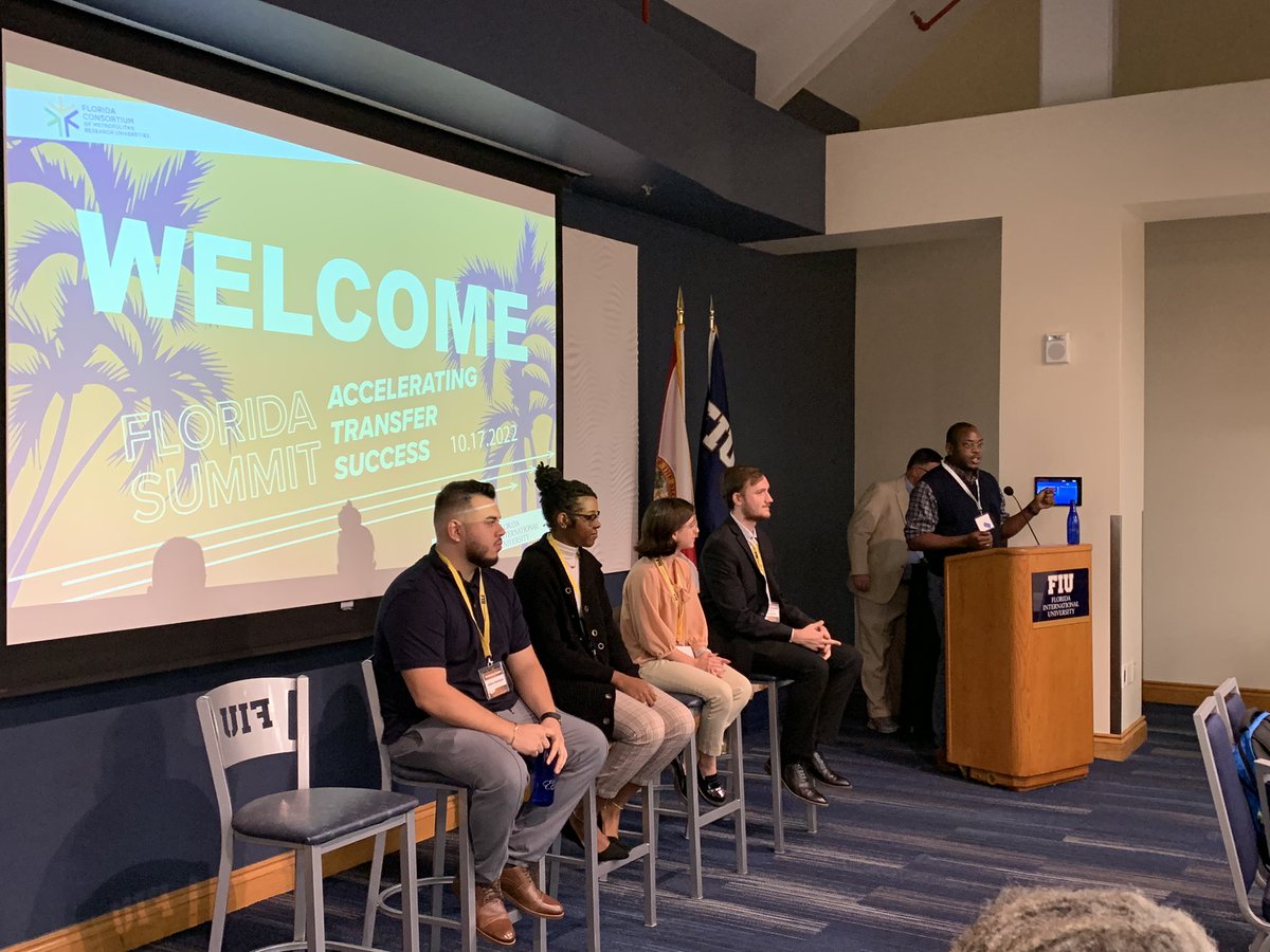 FLConsortium's tweet photo. Transfer Student panel at #FLTransferSummit22. Students representing @FLCollegeSystem and @FLConsortium institutions and partner schools @spcnews @USouthFlorida 🤘 @MDCollege @FIU 🐾 @BrowardCollege @FloridaAtlantic 🦉 https://t.co/6RQfrR9RJM