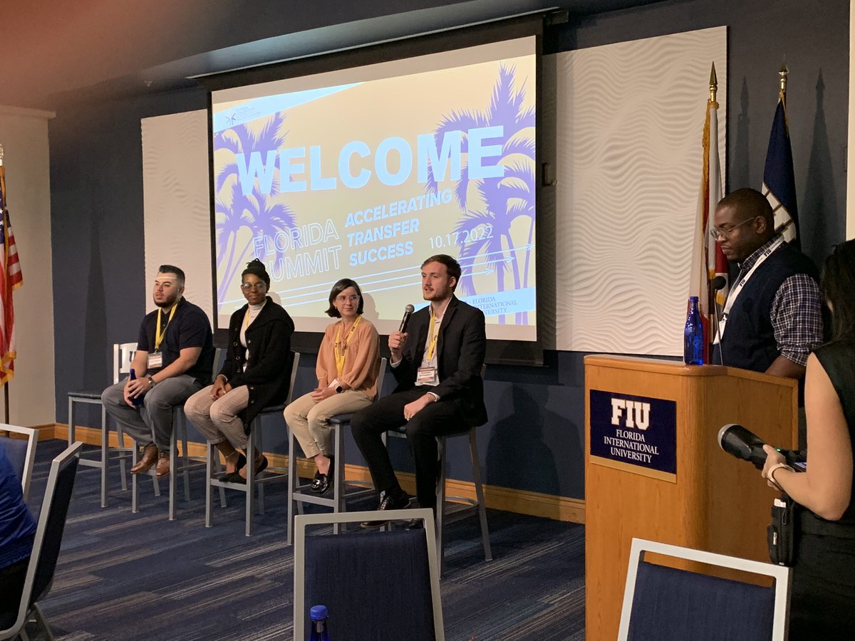 FLConsortium's tweet photo. Transfer Student panel at #FLTransferSummit22. Students representing @FLCollegeSystem and @FLConsortium institutions and partner schools @spcnews @USouthFlorida 🤘 @MDCollege @FIU 🐾 @BrowardCollege @FloridaAtlantic 🦉 https://t.co/6RQfrR9RJM