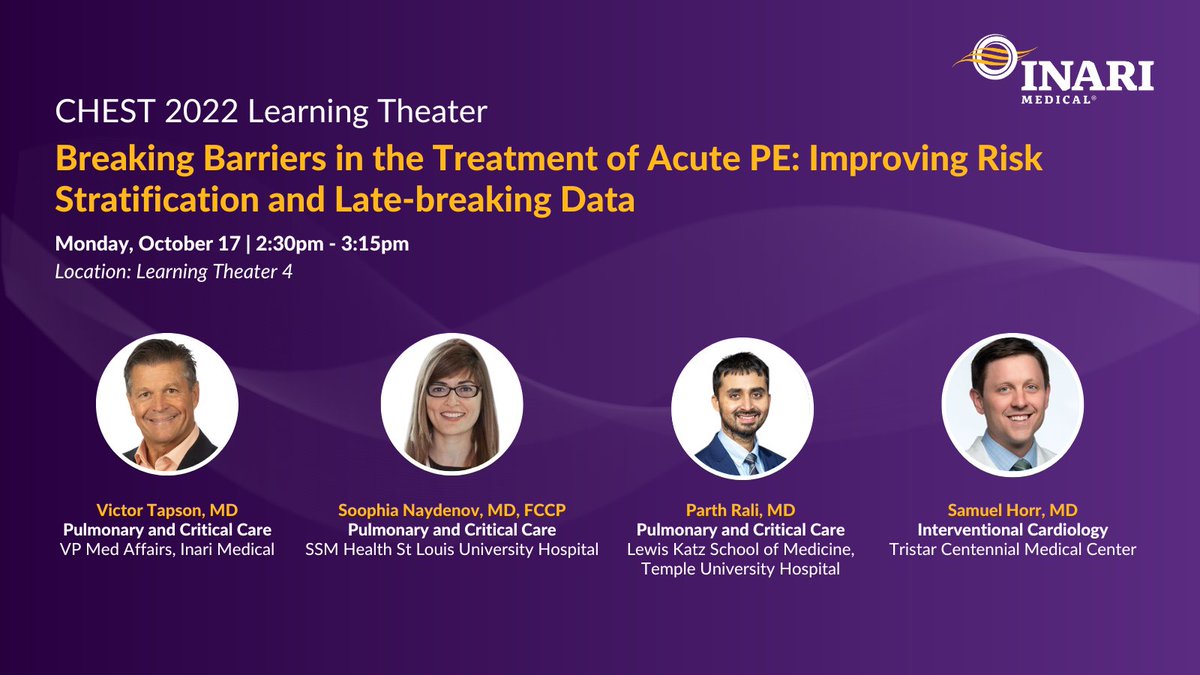 Inari Medical (@inarimedical) on Twitter photo Today at #CHEST2022: Breaking Barriers in the Treatment of Acute #PE: Improving Risk Stratification and Late-breaking Data with Drs. <a href="/vic_tapson/">Vic Tapson</a>, <a href="/SNpert/">S Naydenov</a>, <a href="/ParthRali/">Parth Rali</a>, & <a href="/SamHorrMD/">Samuel Horr</a>.
The session starts at 2:30 pm CT. See you there!
<a href="/accpchest/">CHEST</a> Today at #CHEST2022: Breaking Barriers in the Treatment of Acute #PE: Improving Risk Stratification and Late-breaking Data with Drs. <a href="/vic_tapson/">Vic Tapson</a>, <a href="/SNpert/">S Naydenov</a>, <a href="/ParthRali/">Parth Rali</a>, & <a href="/SamHorrMD/">Samuel Horr</a>.
The session starts at 2:30 pm CT. See you there!
<a href="/accpchest/">CHEST</a>