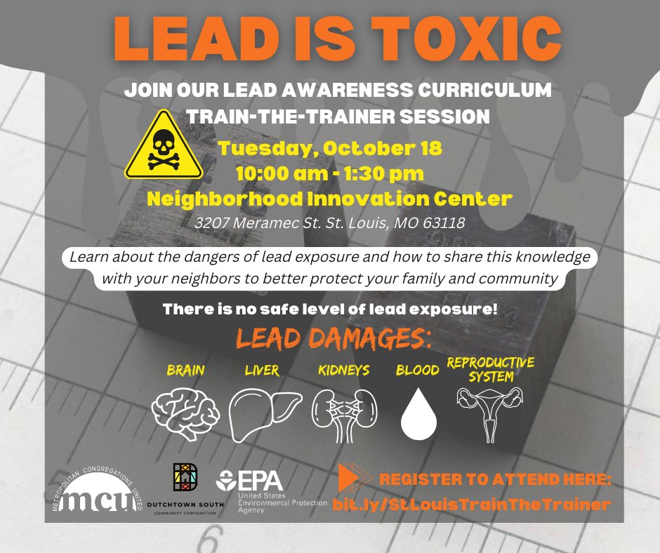 MCUStLouis's tweet photo. ⚠️DO YOU KNOW IF YOU HAVE LEAD POISONING? ☠️
Join us to learn more about the dangers of lead poisoning and how common it is in our homes. Share this important info with your community.
👉🏽 REGISTER: https://t.co/XRfA2j4gcd
#banleadpaint #kNOwLEAD #leadistoxic #leadawareness #MCU https://t.co/uRyX4nhX2U
