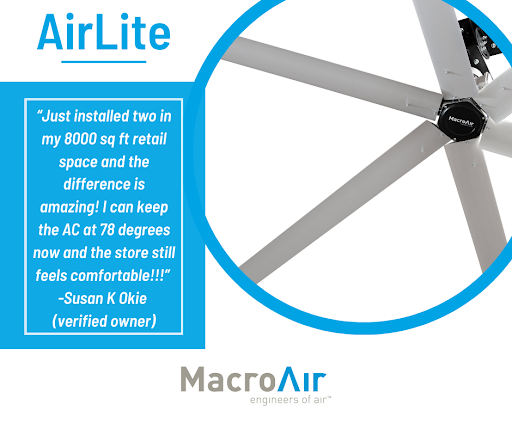 The AirLite fan by MacroAir is available at the low price of only $2999! At 8ft and 14ft diameters, this plug-n-play fan is perfect for spaces needing BIG air movement on a limited budget. No electrician needed to install. #macroair #engineersofair #airlite #cleanairforall