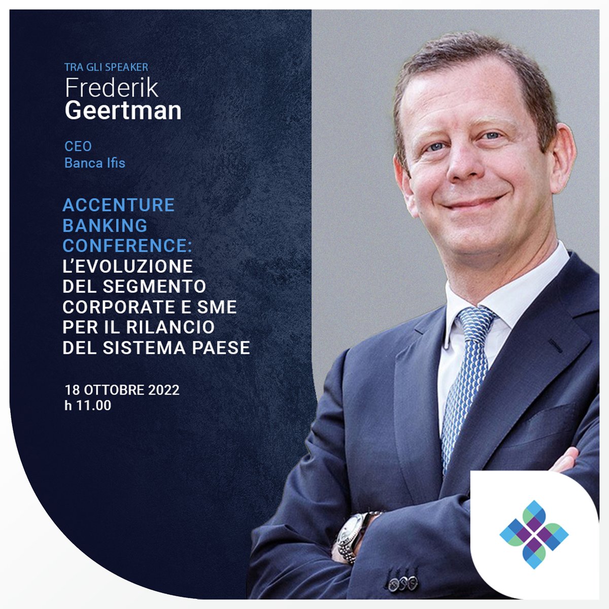 BancaIfis's tweet photo. Domani, @FGeertman, AD di #BancaIfis parteciperà al talk “L’evoluzione del segmento Corporate e SME per il rilancio del Sistema Paese” durante l’@Accenture Banking Conference.
Segui la diretta: https://t.co/Mkm3KQTOza
#SmartBankSmartChoice #BankingInTheNew https://t.co/KxFzxwj6HU