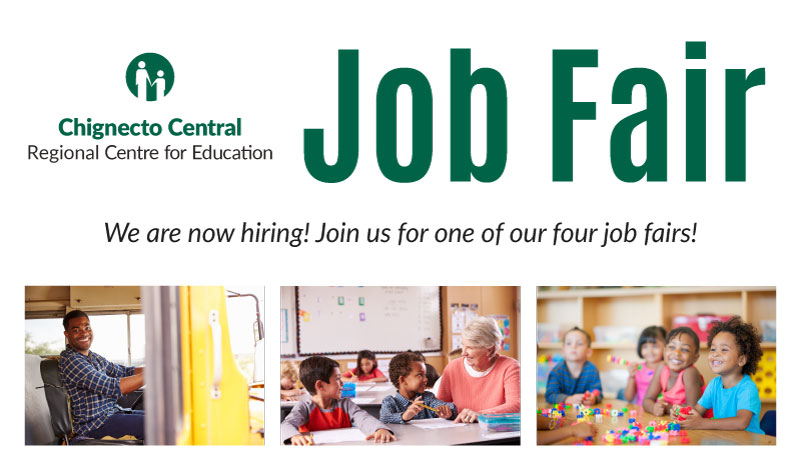 CCRCE is now hiring Bus Drivers, ECE's, Custodians, and EA's.
Visit one of our four job fairs (3:30 p.m. - 5:30 p.m)
    Hants East Rural High, Mon, Oct 24
    North Nova Education Centre, Tues, Oct 25
    Amherst Regional High, Wed, Oct 26
    Truro Middle School, Thurs, Oct 27