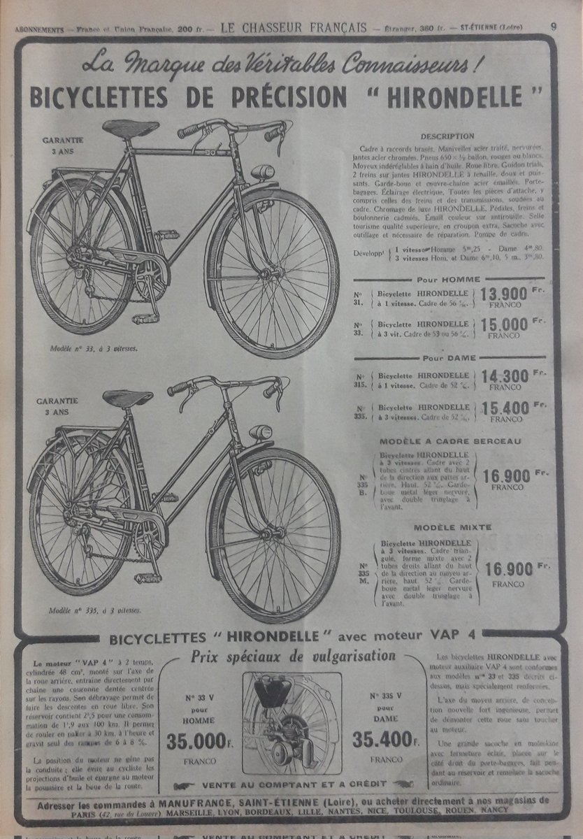 thomas_breban's tweet photo. Ah, de la bicyclette de precision pour mon #velotaf ! On peut même y mettre une assistance.  Pub pour les premiers VAE en 1950 dans "Le chasseur français" https://t.co/q9FYn9Wng4