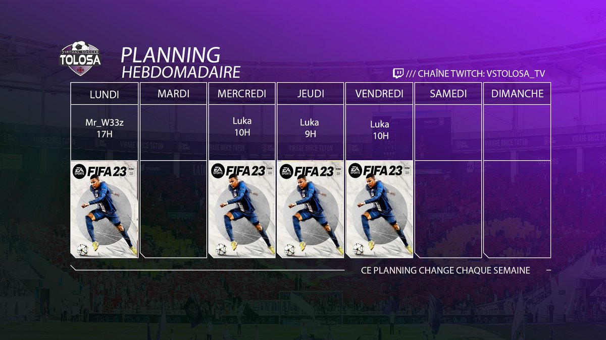 VSTolosa's tweet photo. Planning de la semaine sur notre chaîne #TWITCH #VSTOLOSATV https://t.co/F8i5hX87ot