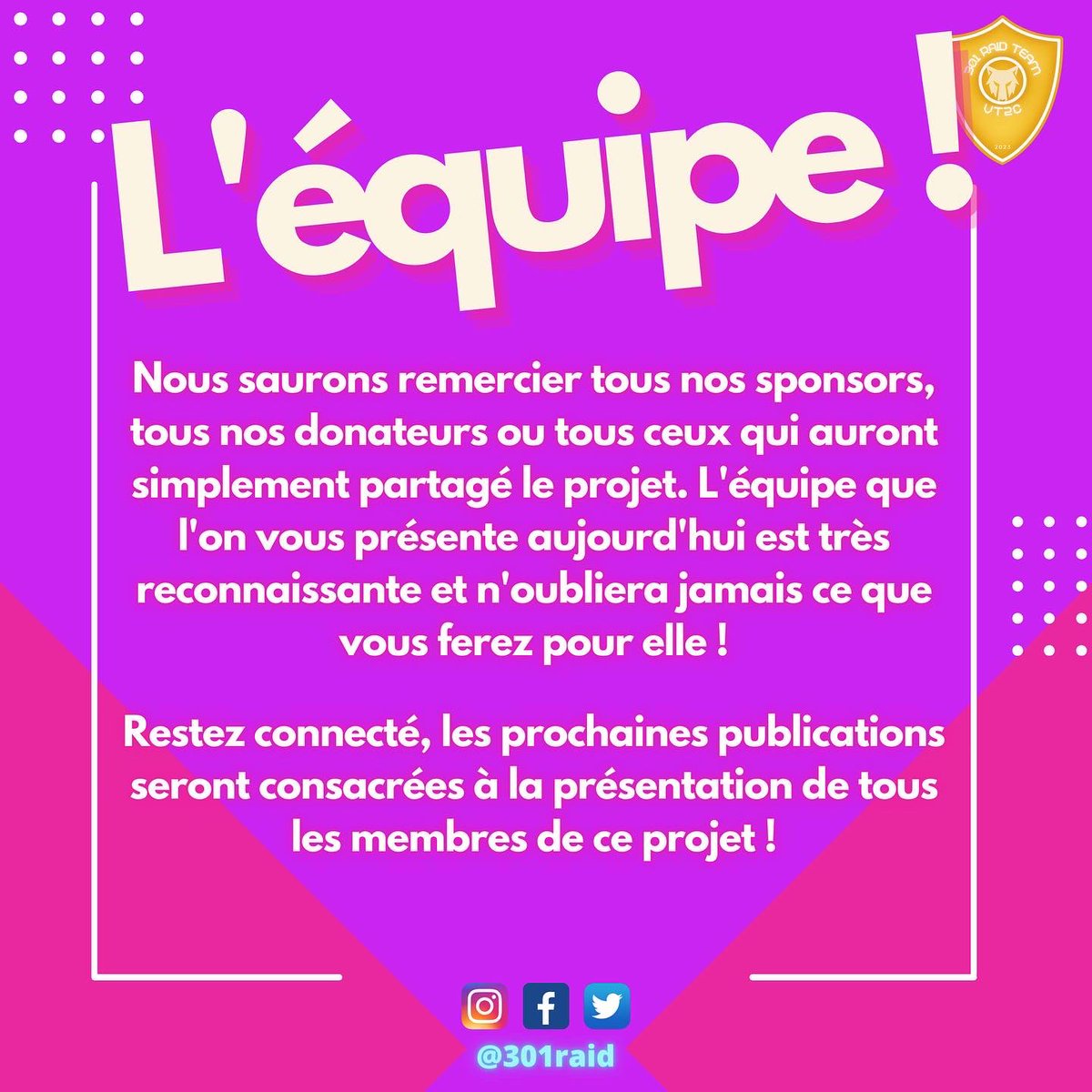 301raid's tweet image. N'hésitez pas à venir nous soutenir en nous suivant, en partageant autour de vous et peut-être en faisant un don (lien de la cagnotte en description).

À très vite pour la suite des présentations !
L'équipe 301 Raid ❤️ 

#europraid #europraid2023 #travel #voyage #humanity