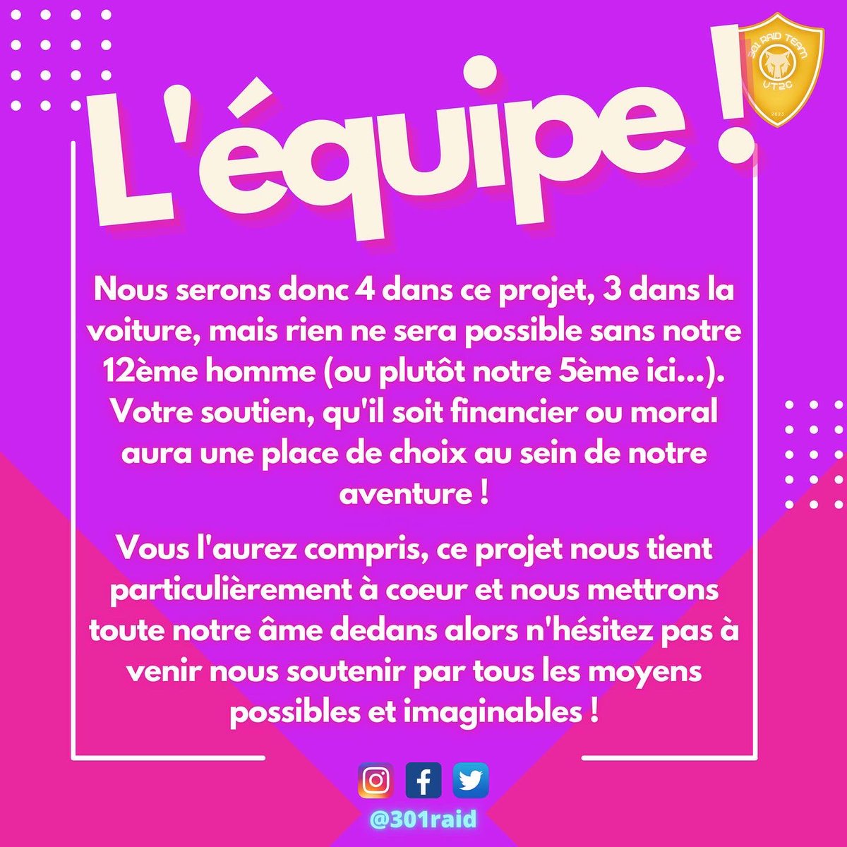 301raid's tweet image. N'hésitez pas à venir nous soutenir en nous suivant, en partageant autour de vous et peut-être en faisant un don (lien de la cagnotte en description).

À très vite pour la suite des présentations !
L'équipe 301 Raid ❤️ 

#europraid #europraid2023 #travel #voyage #humanity