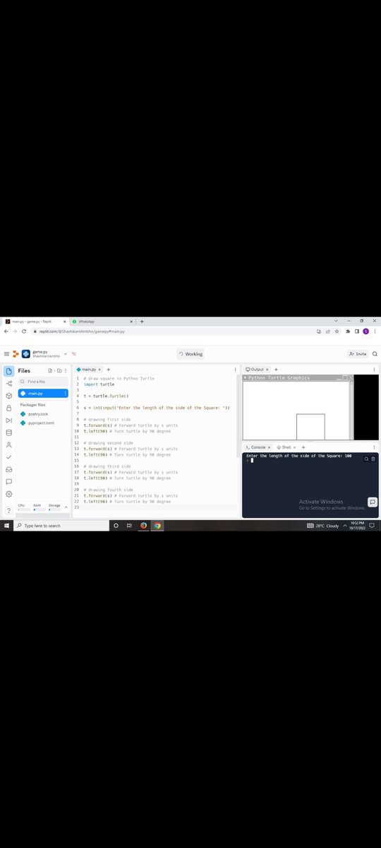 ItsShashikant17's tweet photo. Day 2 of #100DaysOfCode learnt about Drawing Square and rectangle In Turtle Using Python. https://t.co/pvo1Y7zoVx