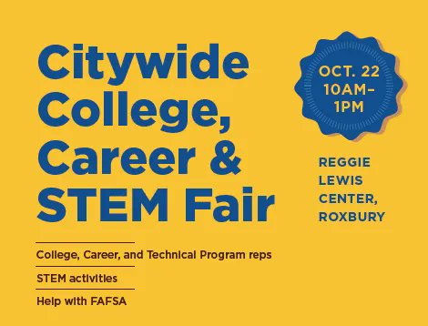Success Boston (@successboston) on Twitter photo The College, Career & STEM Fair will be held this Saturday at the Reggie Lewis Track & Athletic Center. We want to showcase all of Boston's amazing resources designed to get students prepared for, enrolled in, & through college. Join us! It's free! #bpscollegemonth #massstemweek The College, Career & STEM Fair will be held this Saturday at the Reggie Lewis Track & Athletic Center. We want to showcase all of Boston's amazing resources designed to get students prepared for, enrolled in, & through college. Join us! It's free! #bpscollegemonth #massstemweek