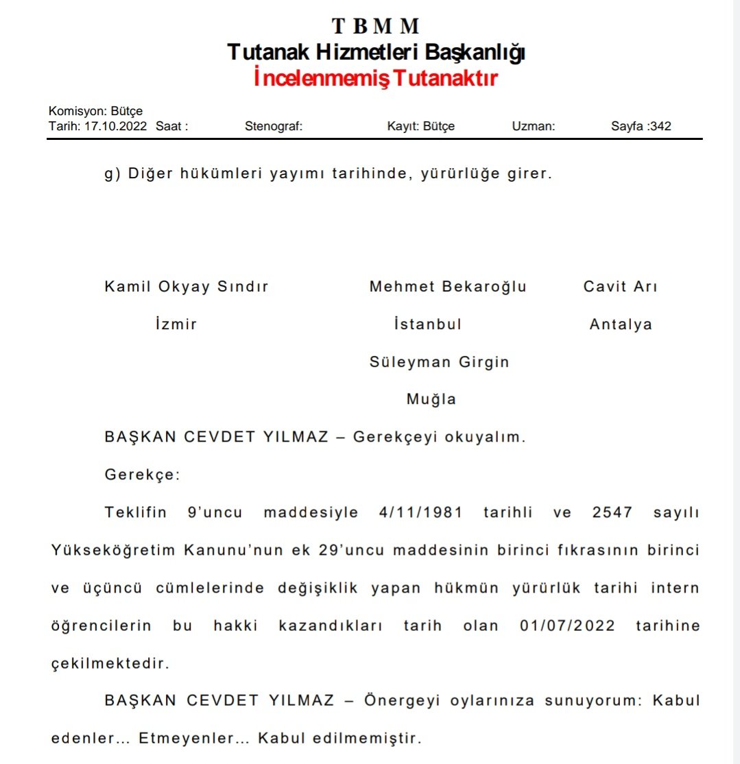 İntern hekim maaşları ile ilgili kanunun geriye dönük haklarımızı kapsaması için Temmuz ayından itibaren uygulanması önergesi komisyonda KABUL EDİLMEDİ! UNUTMAYACAĞIZ! @RTErdogan @drfahrettinkoca @Akparti Meclis Genel Kurulunda hala değiştirebilirsiniz. #Hekimlikkısıtlanamaz