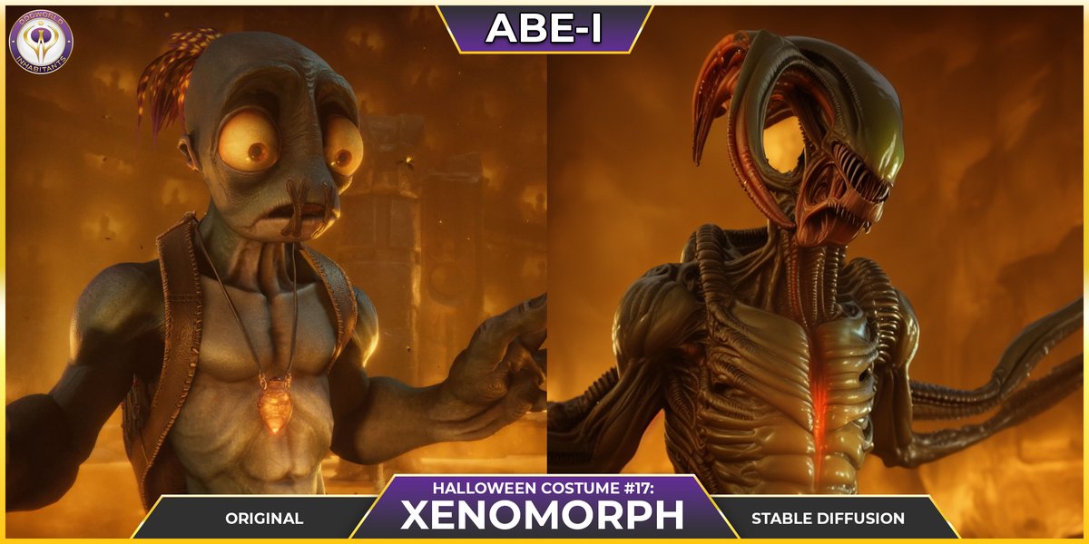 OddworldInc's tweet photo. Day 17 of #Abei
Happy Monday, everyone. A new week and we start it off with Abe’s 17th #Halloween costume. Honoring one of the greatest horror creatures ever created with this one.
#AIart @stabilityai #aiartcommunity #Halloweencostume #xenomorph #alien @GigerArt https://t.co/ogzfDUbFOM