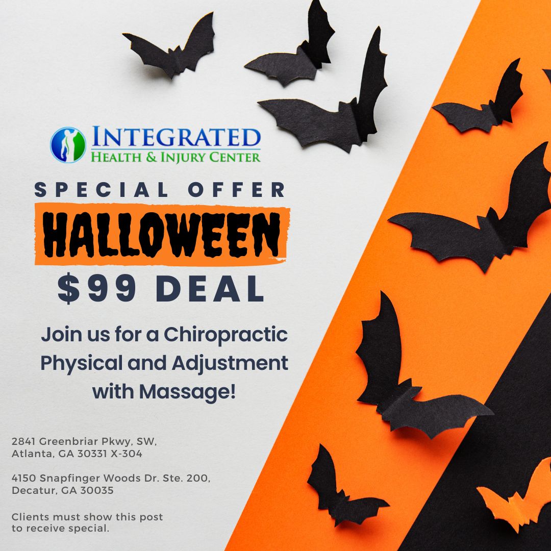 IntegratedHIC's tweet photo. Join us for a special Halloween offer! Show us this post for a Chiropractic Physical and Adjustment with Massage for only $99! 

#integratedhealthandinjury #atlantachiropractor #autoaccidentchiropractor https://t.co/ys86pJuZ4D