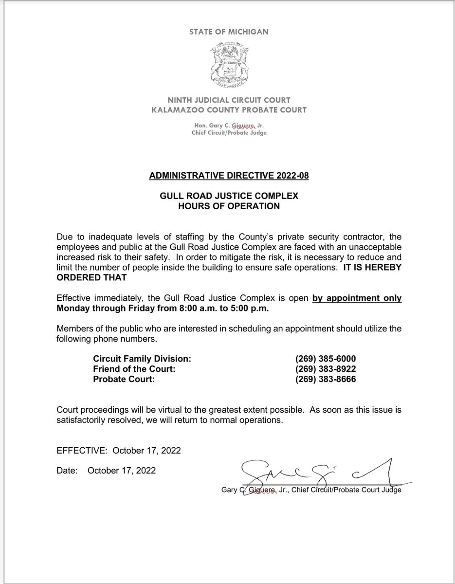 Effective October 17, 2022, the Gull Road Justice Complex is open by appointment only.