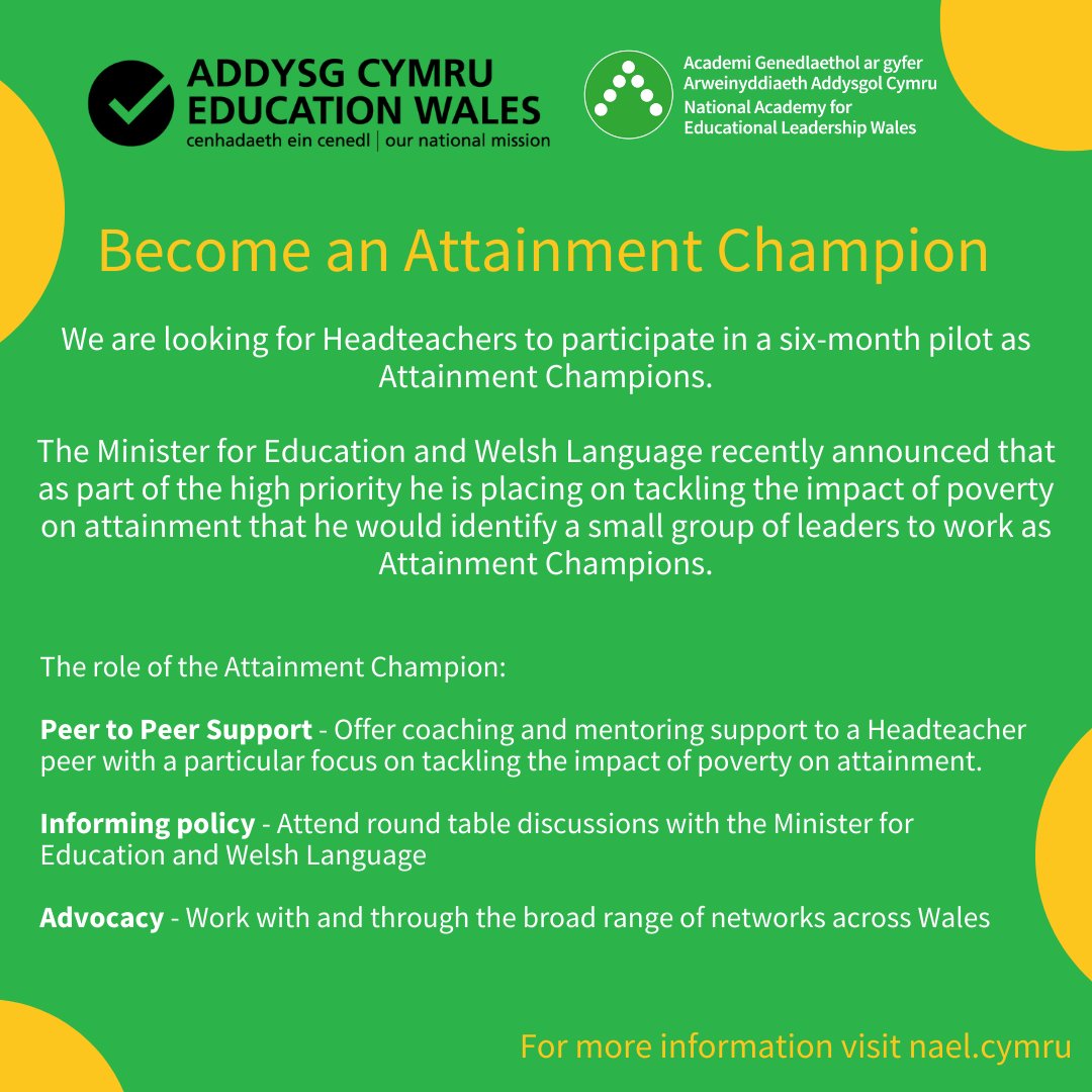 The closing date for the role of Attainment Champion is Wednesday 19 October. See website for full details on how to submit an expression of interest to take part in this national project announced by @Addysg_Cymraeg ow.ly/2h1l50KRzK9 @WG_Education