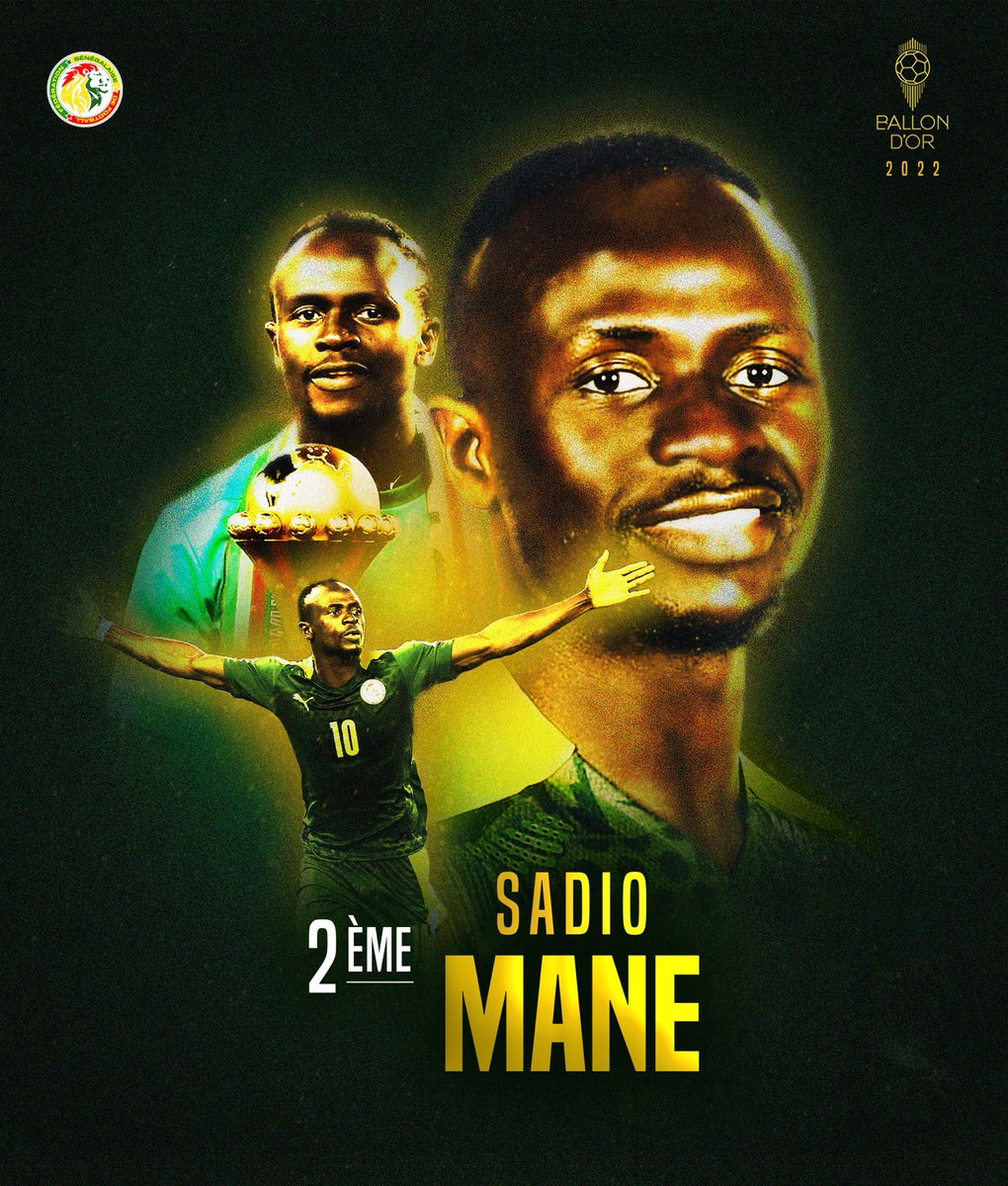Fsfofficielle's tweet photo. Auteur d’une saison exceptionnelle, Sadio Mané se hisse à la deuxième place du #BallonDor 2022. C’est le plus haut classement pour un joueur africain depuis Georges Weah. Félicitations gaindé 🇸🇳🐐 https://t.co/gP7DZ0dvl0