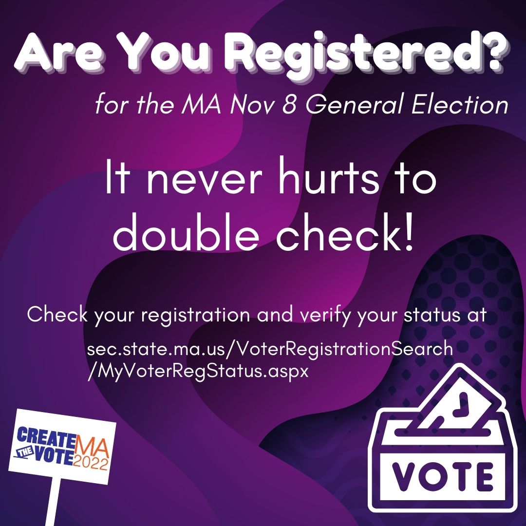 LyricStageCo's tweet photo. Sharing from our friends at @CreateTheVoteMA - Are you registered to vote? Check your registration and verify your status. It’s always good to double check! #CTVMA2022 #CreateTheVoteMA #mapoli
https://t.co/Y0m2ZW7KoL https://t.co/qZOnhbvqVk