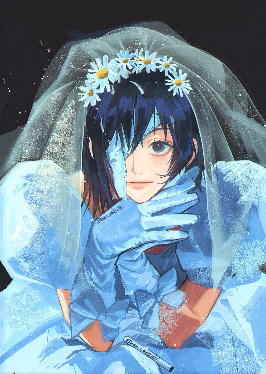 1girl solo gloves black hair short hair blue gloves flower  illustration images