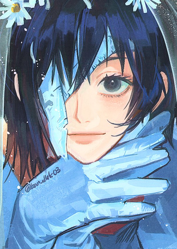1girl solo gloves black hair short hair blue gloves flower  illustration images