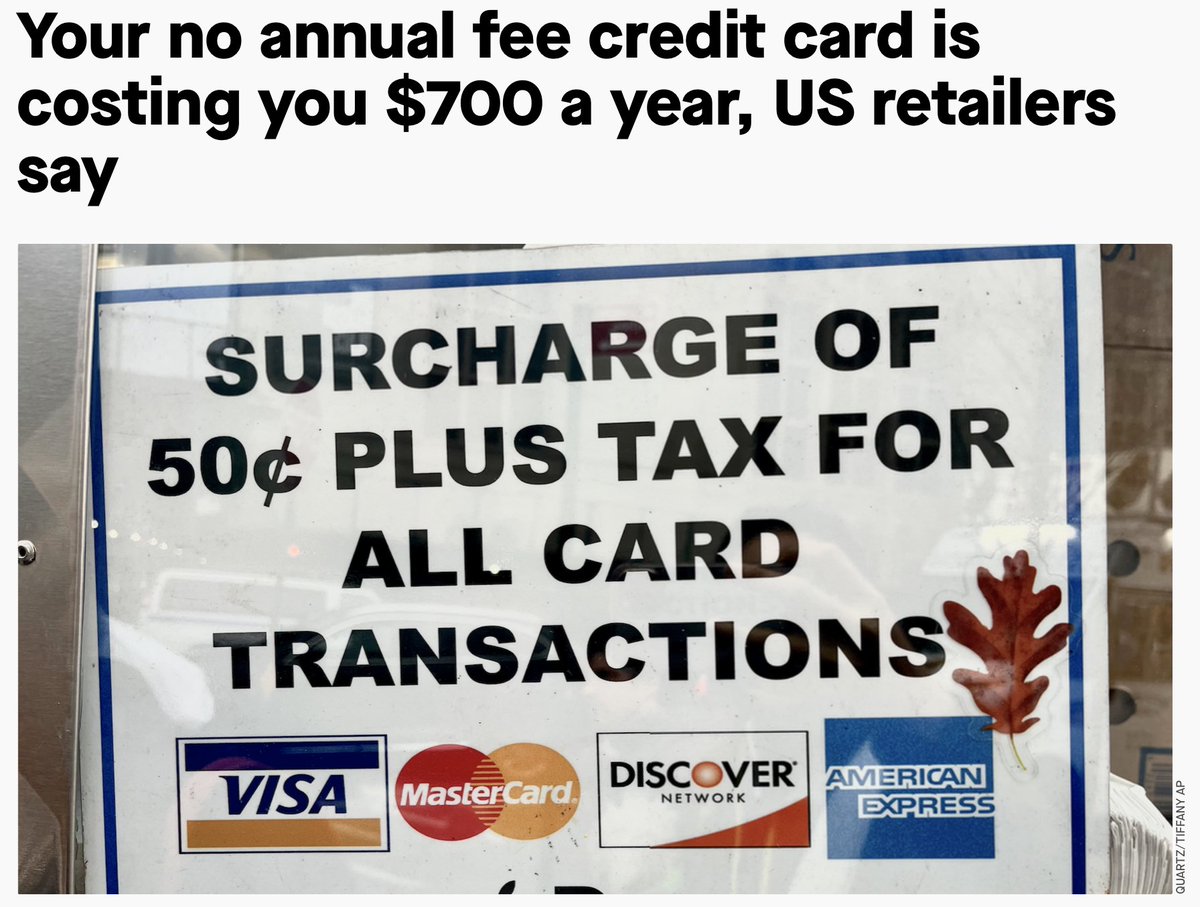 taptopayapp's tweet photo. Most credit card companies don’t impose swipe fees on consumers, charging businesses instead. Shoppers ultimately bear those costs. The National Retail Federation estimates credit cards cost the average American family $700 a year, an amount that will only grow with the new fees. https://t.co/aXHrWN1xfi
