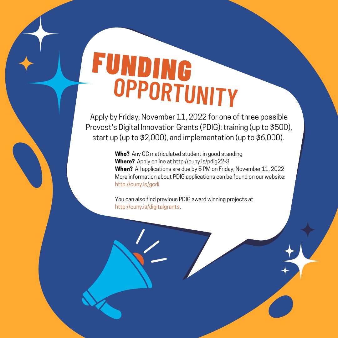 cunygcdi's tweet photo. Are you a @gc_cuny student? Do you use emerging digital methods or tools to do your research? If so, consider applying for the Provost's Digital Innovation Grants. Full CFP: https://t.co/uAGztXbInO Apply here: https://t.co/Opu59Xs1ay. #digitalgc https://t.co/RKXsskMfSF