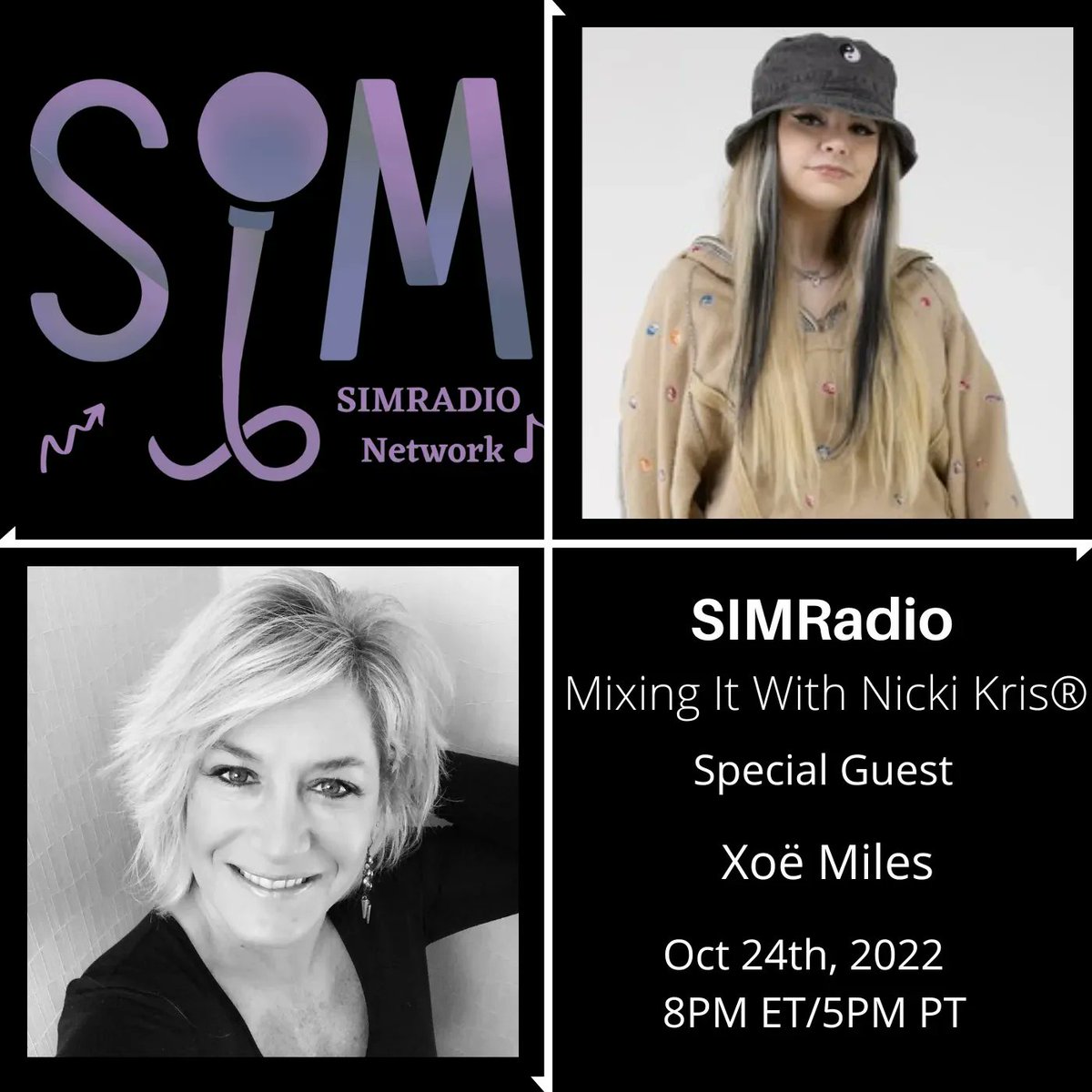 NickiKris's tweet photo. Super excited to share the awesomely talented @xoemiles on an all new Mixing It next Monday - Oct 24th at 8PM ET/5PM PT! Tune in on the SIMRadio Network! @SistersInMusic1 https://t.co/RsfitQ3BF2 #MondayMusicMadness #MusicMondays #sistersinmusic #SIMRadio #MixingIt https://t.co/dgMHpejQzW