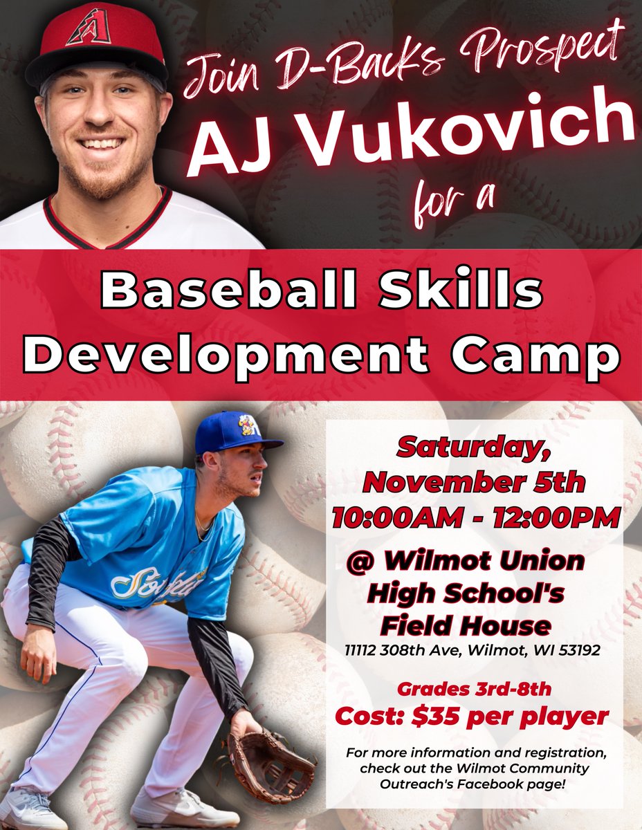 We're lucky to have Diamondback's prospect, and local baseball hero, <a href="/aj_vukovich/">AJ Vukovich</a>, running a youth baseball camp at Wilmot High School on November 5th. Register here: wilmothighschool.cr3.rschooltoday.com/public/costopt…