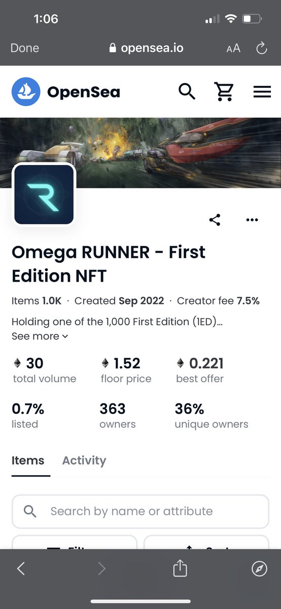Congrats on your success @omegaxrunner 👏 only 8 NFTs out of a 1K are collection listed! Thanks to their great team, they’ve  onboarded solid HODLRs and supporters recently that will no doubt help them succeed, shout-out <a href="/ryancarson/">Ryan Carson</a> for shining a 💡 on what they r cooking up 🏎💊