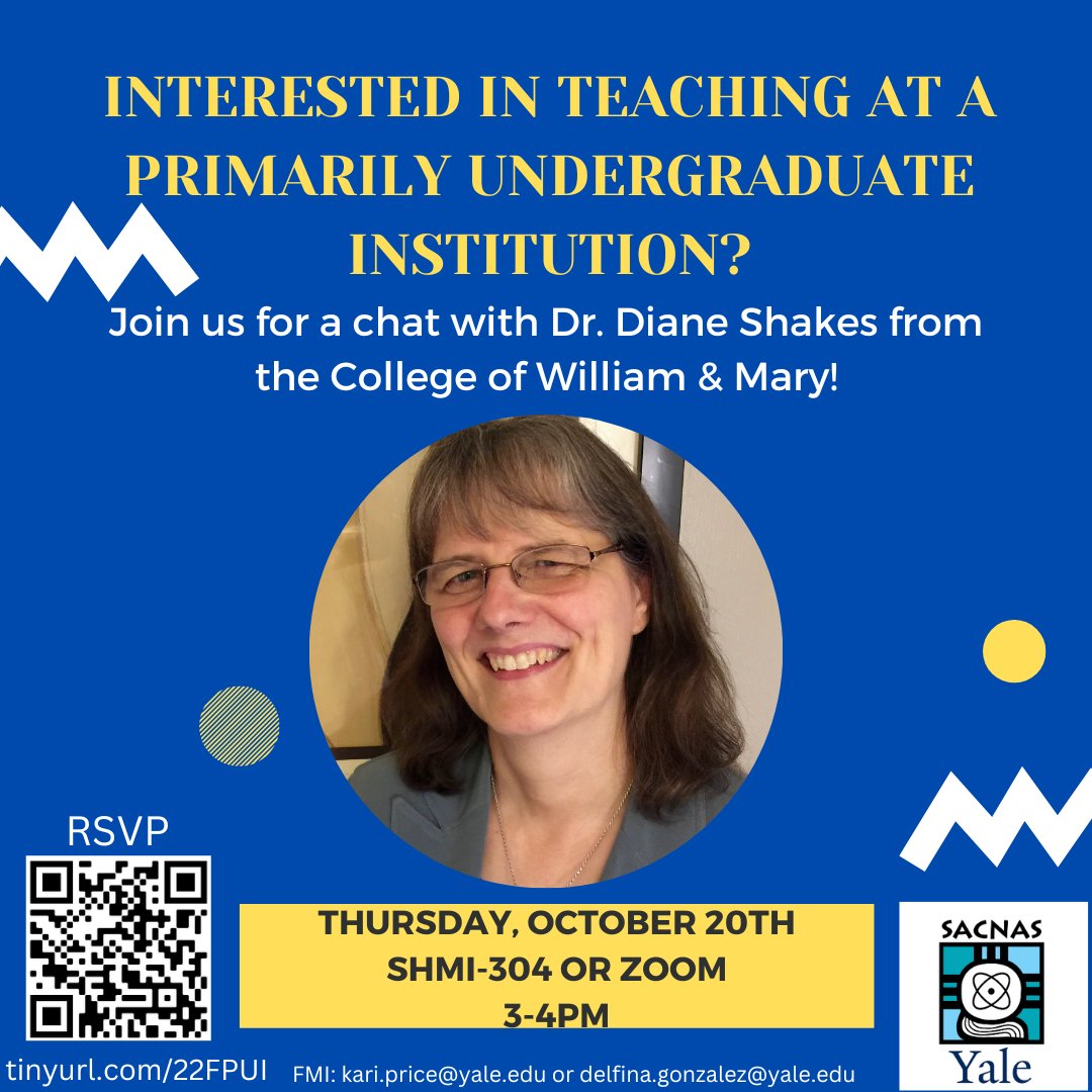 YSACNAS's tweet image. Interested in learning more about teaching at PUIs? Come chat with Dr. Diane Shakes from the College of William &amp;amp; Mary!
Snacks will be provided.
Email kari.price@yale.edu or delfina.gonzalez@yale.edu  for more Information.
forms.gle/vHMHvYpgCQaZwQ…