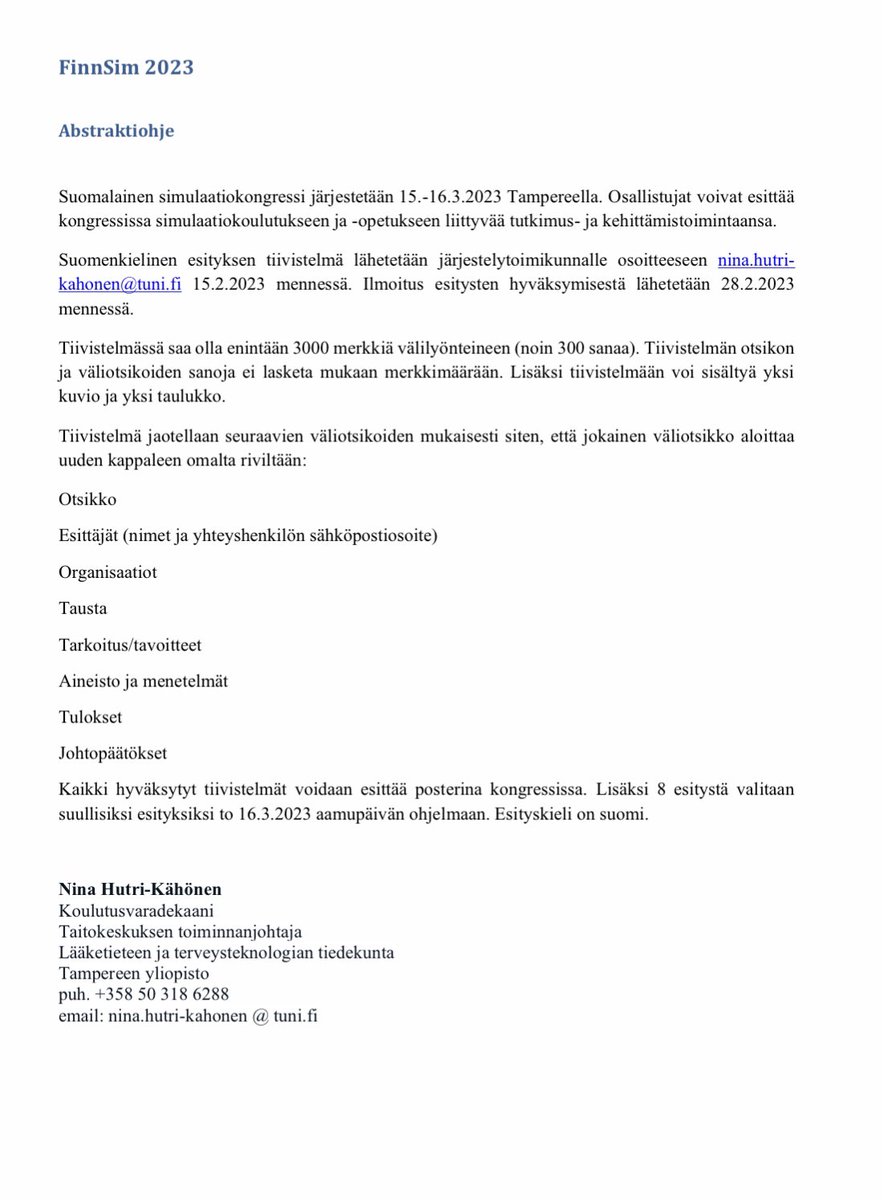 #FinnSim2023 15.-16.3.2023 <a href="/taitokeskus/">Taitokeskus</a> 
Toivomme mahdollisimman paljon simulaatioaiheisia abstrakteja 🤩
@TampereUni @TampereUniMET @TAMK_UAS <a href="/Tays_sairaala/">Tays</a> #simulaatio