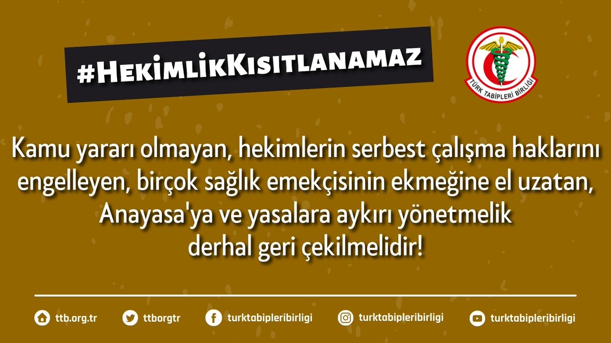 Kamu yararı olmayan, hekimlerin serbest çalışma haklarını engelleyen, birçok sağlık emekçisinin ekmeğine el uzatan, Anayasa'ya ve yasalara aykırı yönetmelik derhal geri çekilmelidir!

📢 #HekimlikKısıtlanamaz