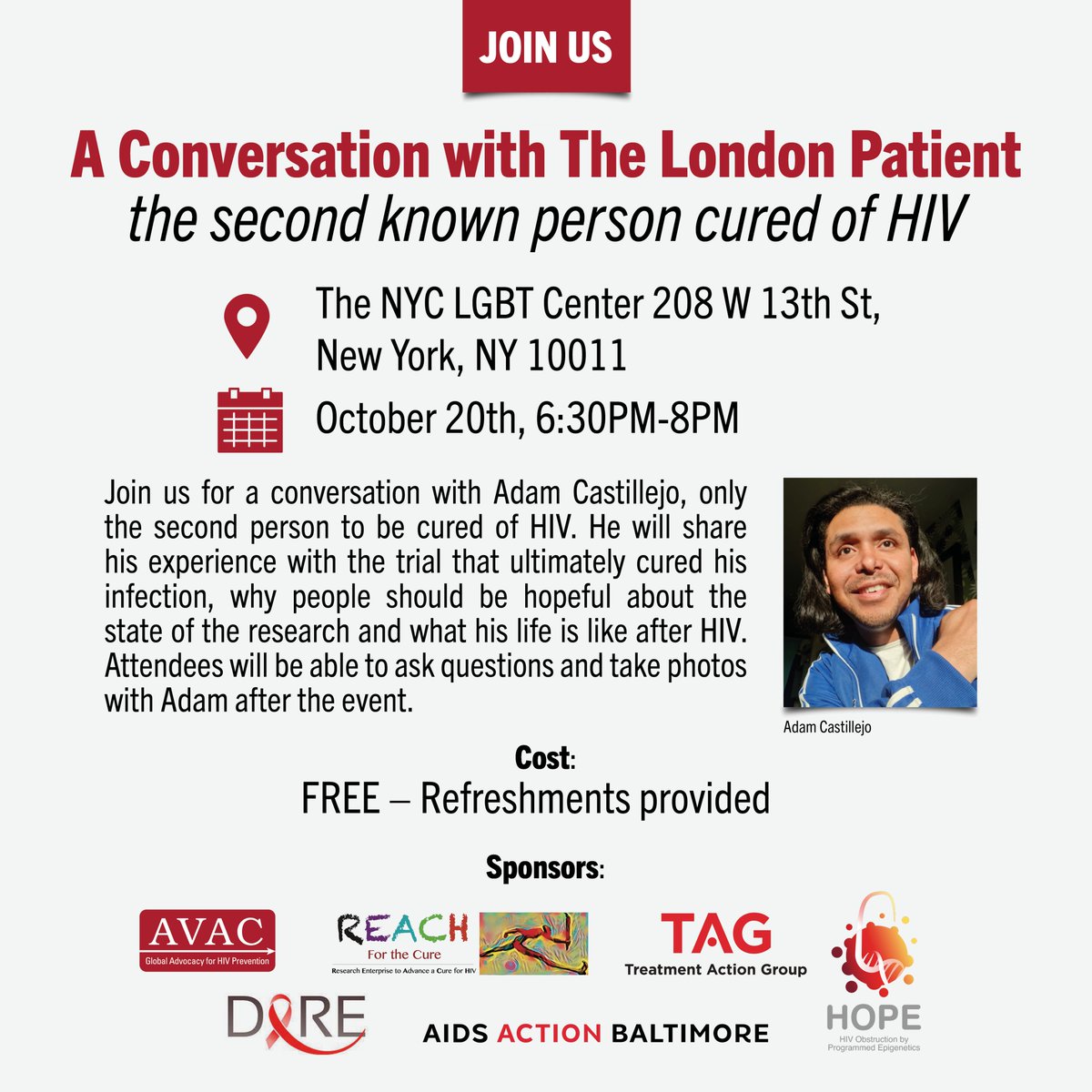 HIVpxresearch's tweet photo. Join us on Thurs, Oct. 20 at 6:30 PM EDT at the @LGBTCenterNYC for an informal conversation with Adam Castillejo, one of the five individuals cured of HIV, and we'll explore the next frontiers in cure advocacy. Registration is free, but space is limited! https://t.co/ma0v0CBl2C https://t.co/eysIfLKKwL